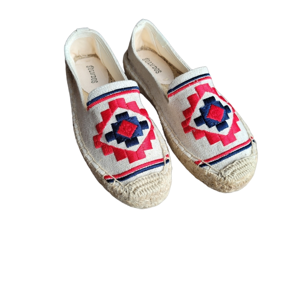 Soludos Cream Espadrilles with Red and Navy Geometric Embroidery